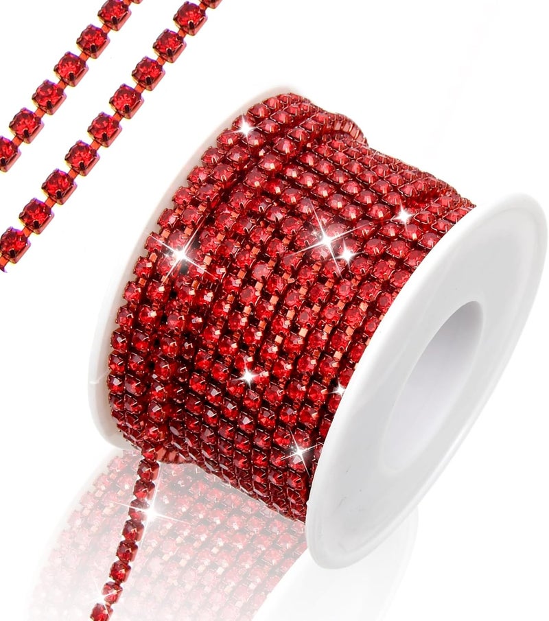 Dropower 10 Yards Rhinestone Chain, SS12/3mm Crystal Rhinestones Close Chain Trim, Bling Diamond Cup Chain for Jewelry Clothing Shoes Wedding Party Decoration(Red) - Image 1